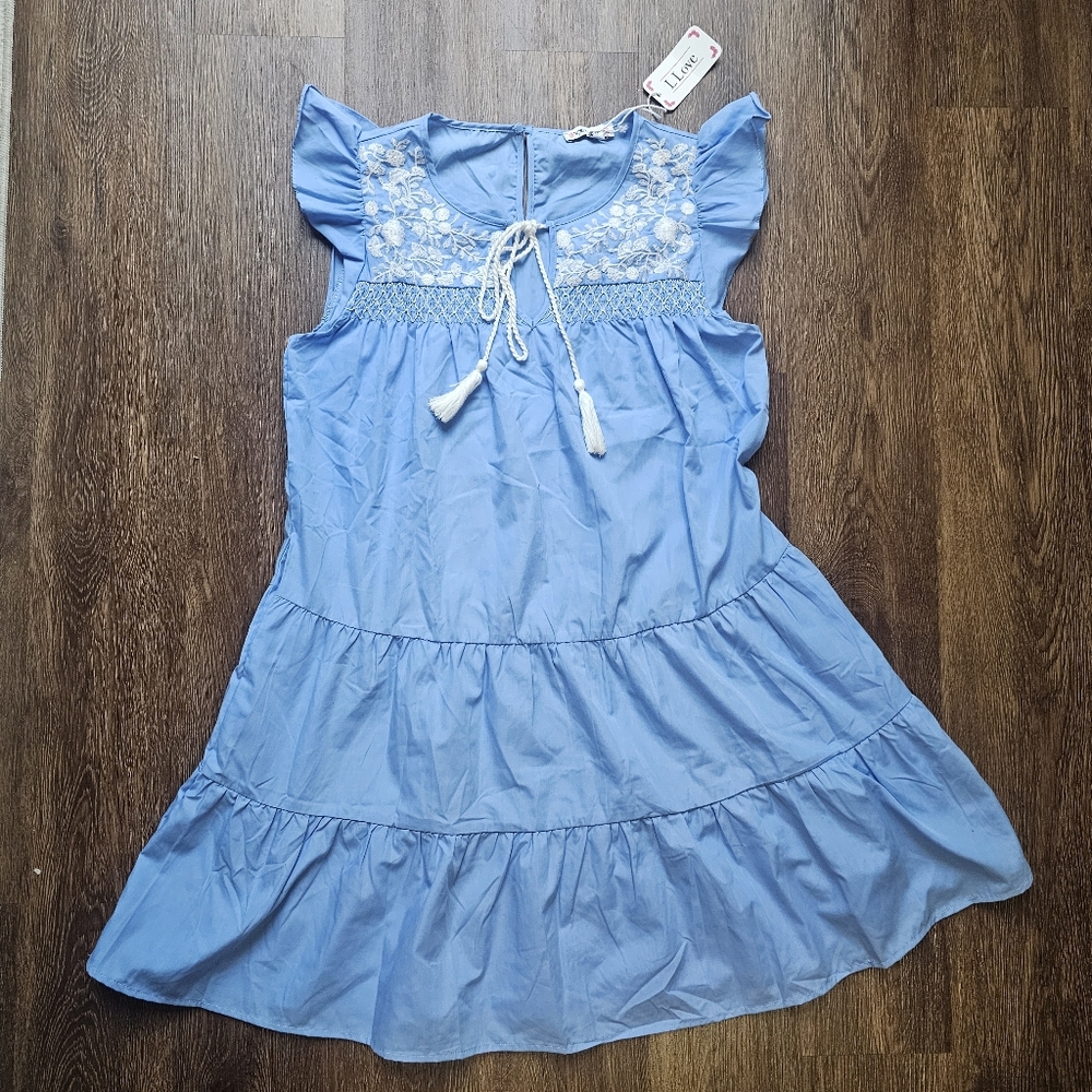 New L Love Dress Baby Pastel Blue Flutter Sleeve Embroidered L Cottagecore...